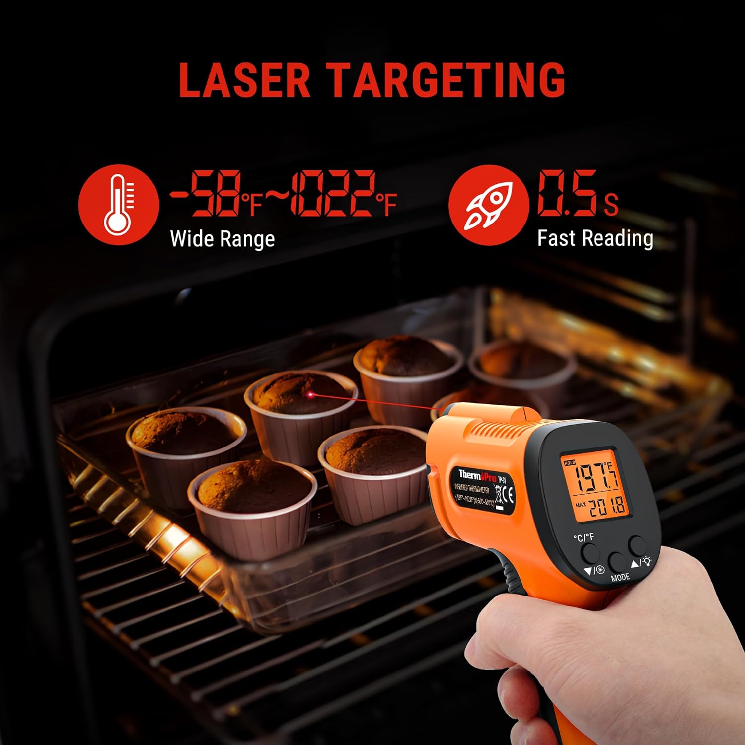 ThermoPro TP30 Infrared Thermometer Gun, Laser Thermometer for Cooking, Pizza Oven, Griddle, Engine, HVAC, Laser Temperature Gun with Adjustable Emissivity & Max Measure