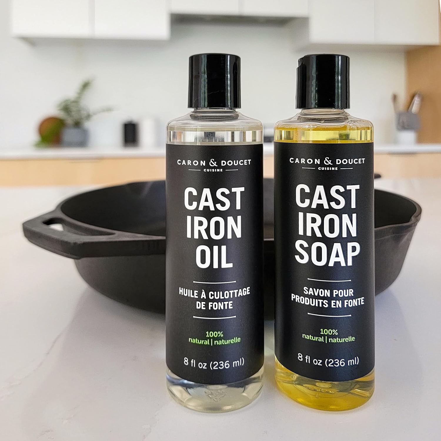 CARON & DOUCET - Cast Iron Cleaning & Conditioning Set Seasoning Oil & Cleaning Soap 100% Plant-Based Best for Washing