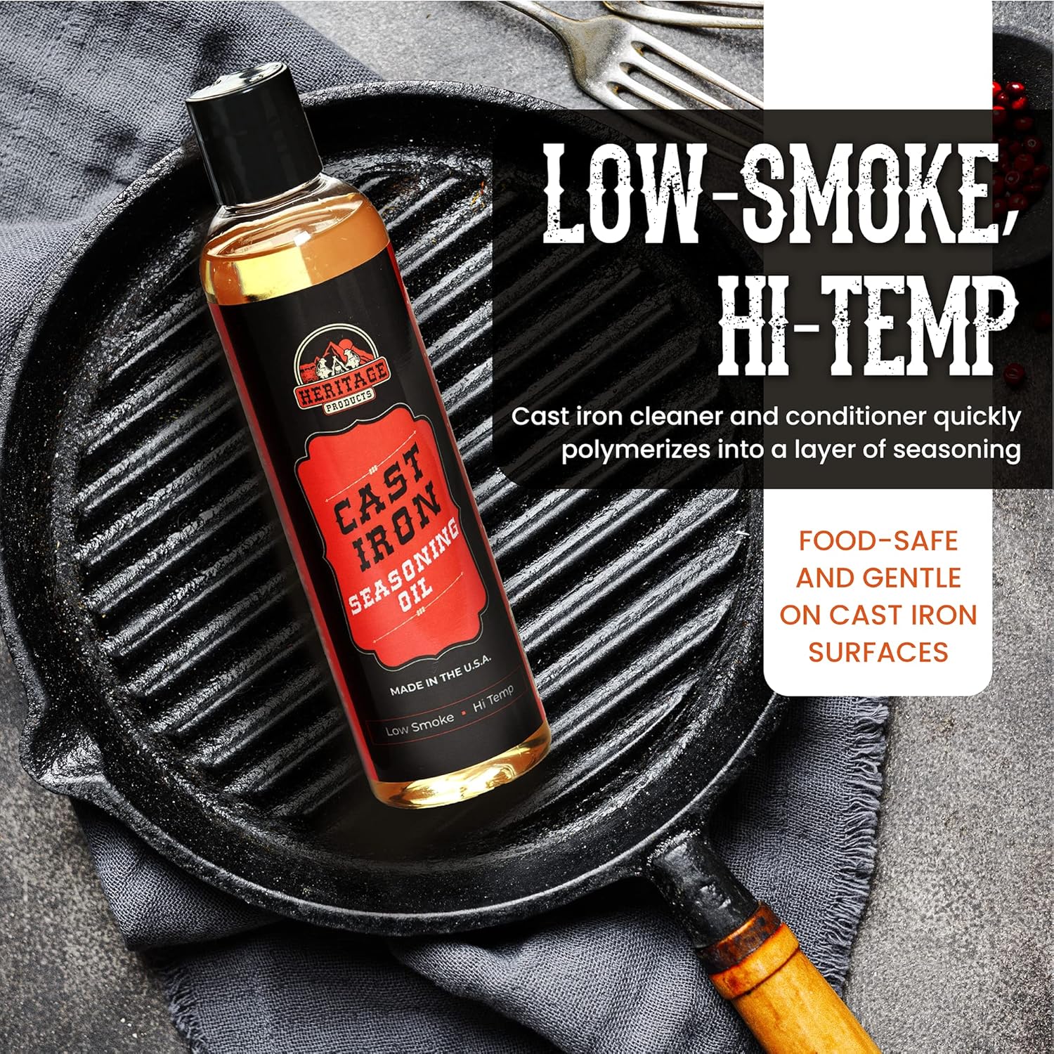 Heritage Products Cast Iron Seasoning Oil - Low-Smoke, Hi Temp All-Natural Skillet Conditioner for Dutch Oven, Griddle, Camp Grill