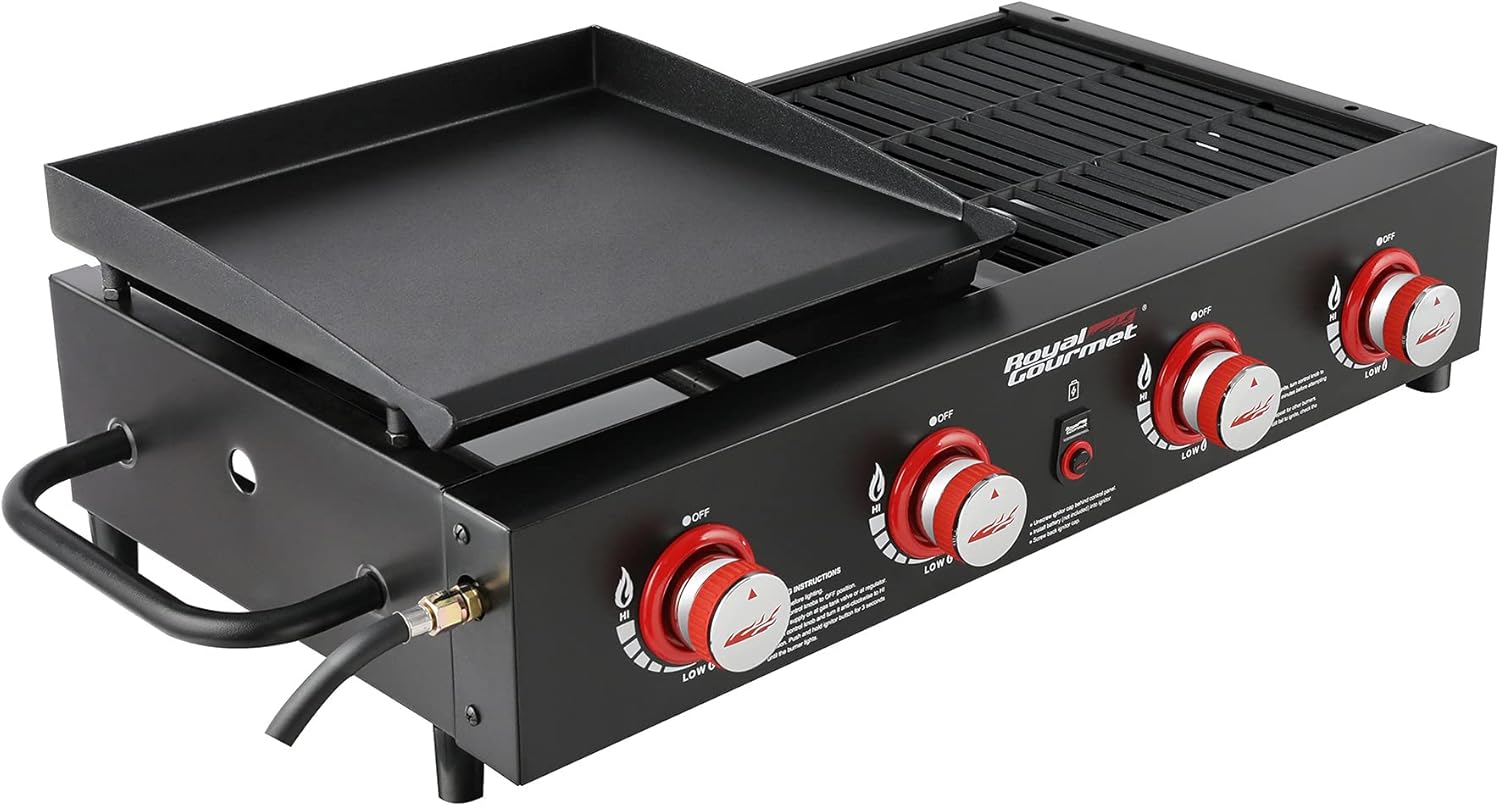 Blackstone Smoker Grill – Pellet, Griddle & Combo Models Explained Royal Gourmet GD4002T 4-Burner Tailgater Grill and Griddle Combo, Portable Flat Top Propane Gas Grill with 40,000 BTUs Output for Backyard or Outdoor Cooking, Black