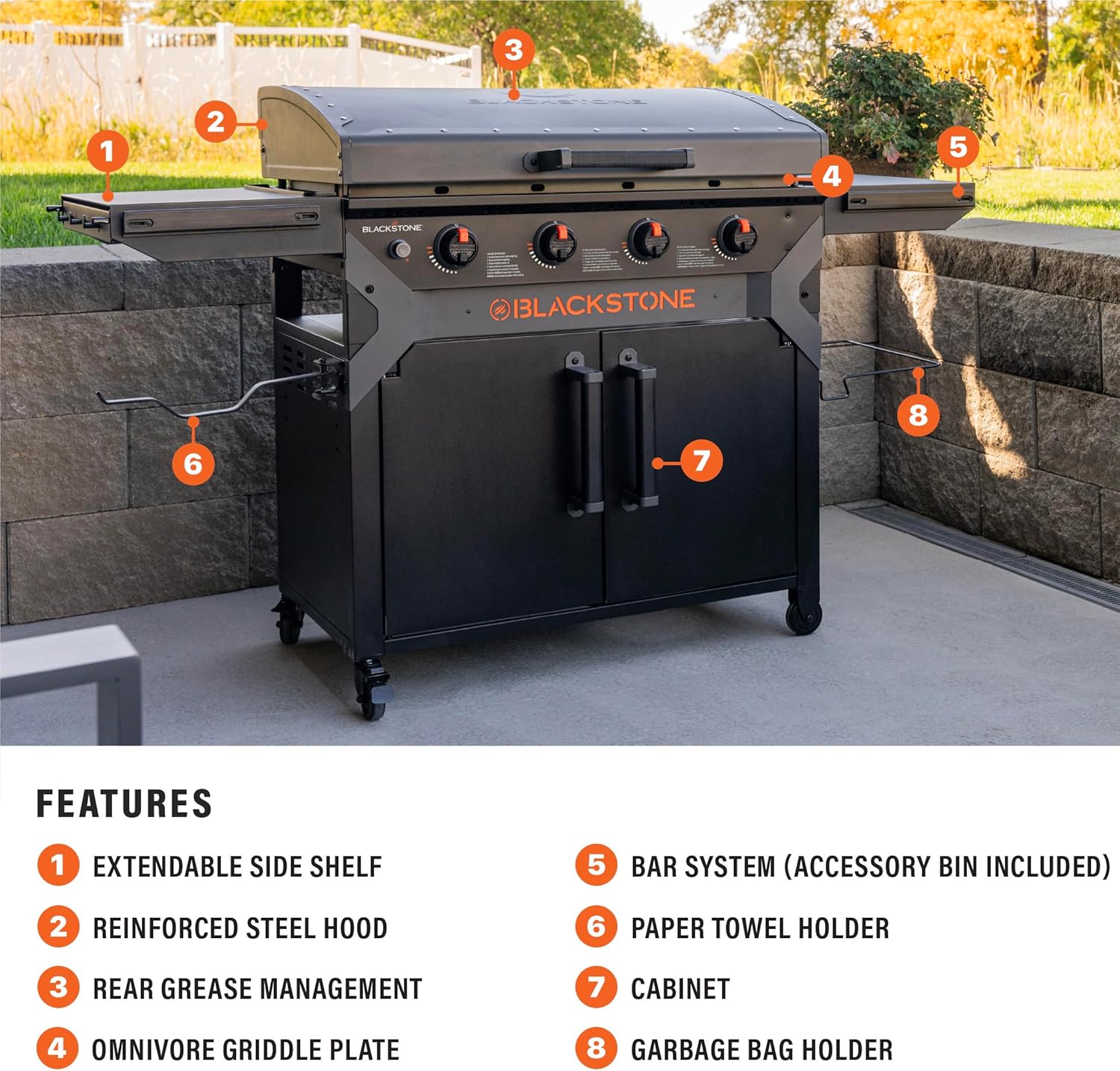 Blackstone 2309 Iron Forged 36” Omnivore Griddle with X-Braced Hood and Enclosed Cabinet, Powder Coated Steel, Black