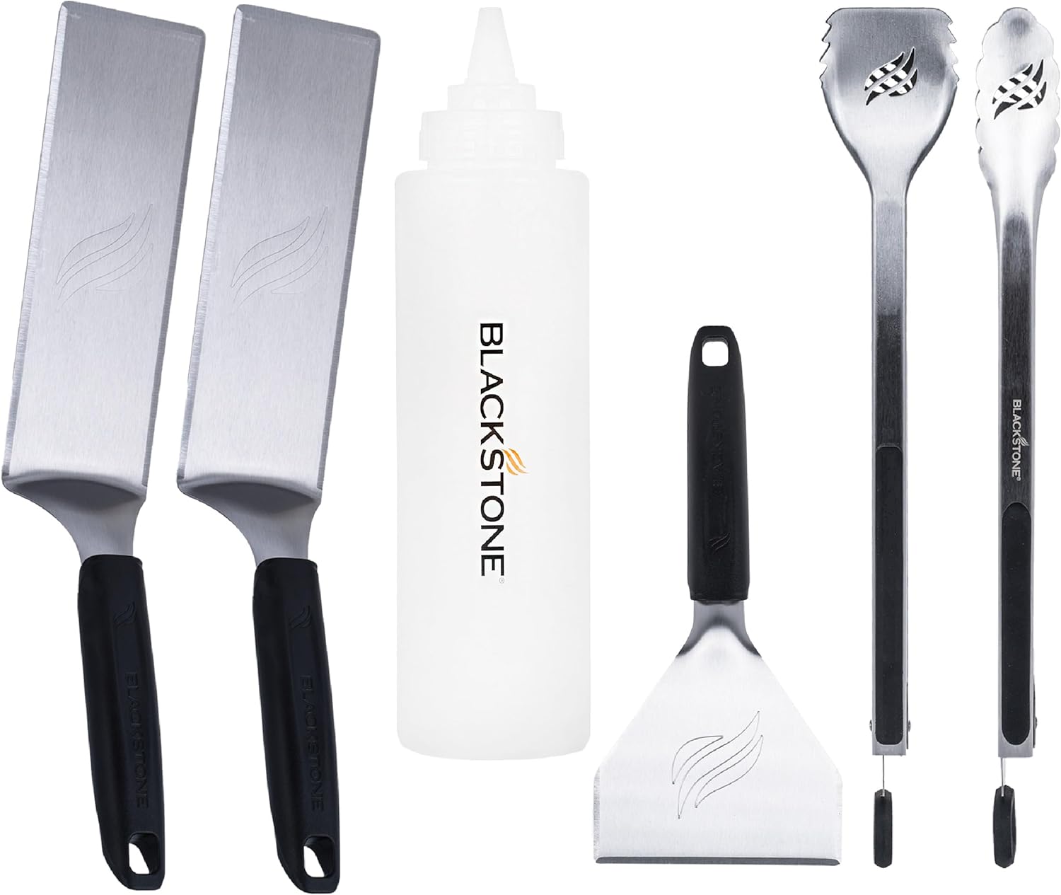 BLACKSTONE 5464 Griddle Tool Kit Outdoor Indoor Grill BBQ Utensils Cooking Accessories Heat Resistant– 2 Long Spatulas 2 Angled Scraper Classic Tong 1 32oz Squeeze Bottle Black Silver White
