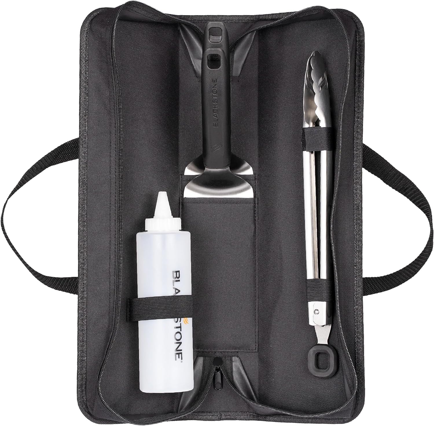 BLACKSTONE 5481 Tabletop 5 Piece Griddle Tool Kit- Outdoor Indoor Grill BBQ Utensils Cooking Accessories, 2 Stainless Steel Spatulas, 1 Classic Tong, 16Oz Squeeze Bottle, 1 Portable Carry Bag