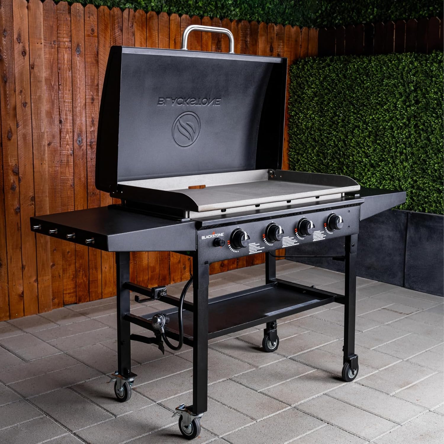 Blackstone 36 Inch Gas Griddle with Hood Cooking Station 4 Burner Flat Top Gas Grill Propane Fuelled Restaurant Grade Professional 36” Outdoor Griddle Station with Side Shelf