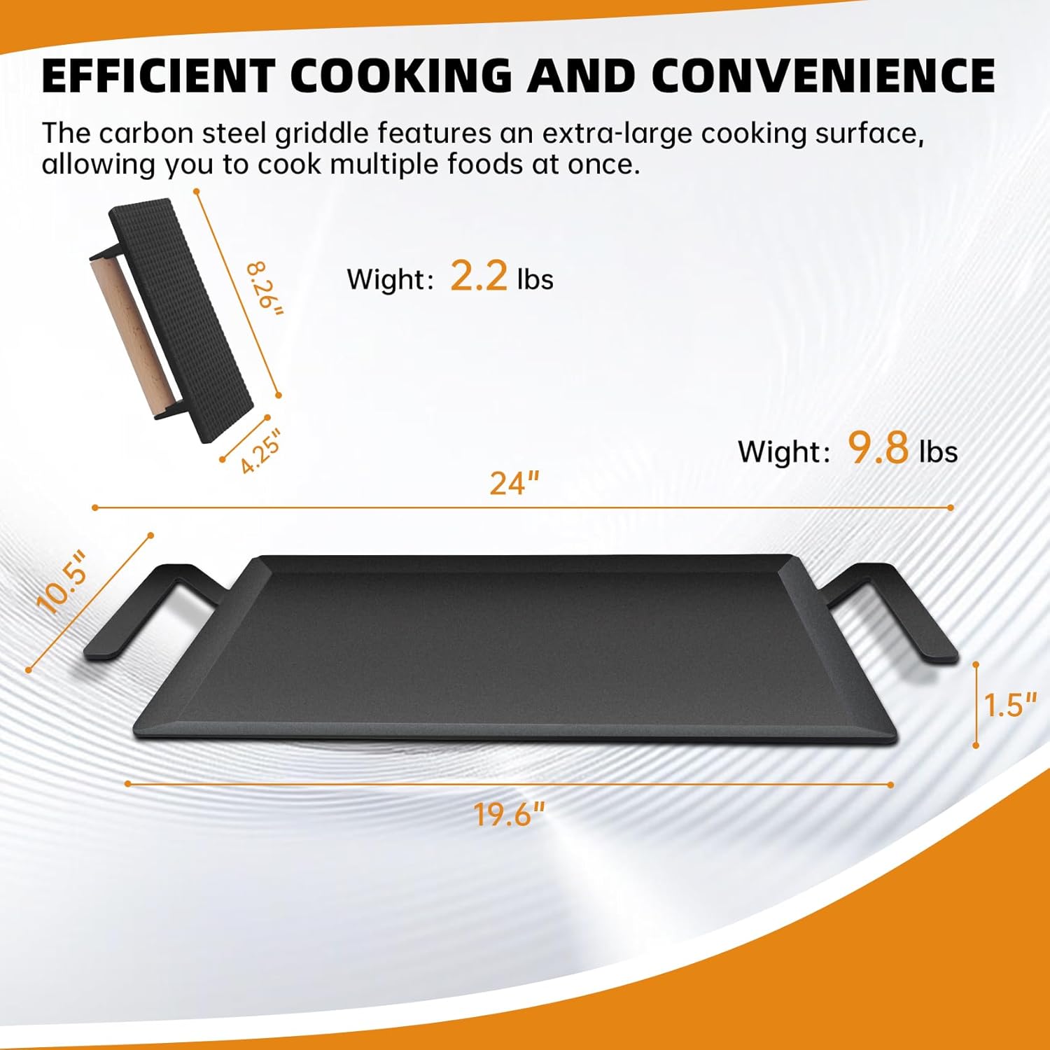 Carbon Steel Griddle Pan, Double Burner Flat Top Grill Plate for Stove Top, Gas Grill, Induction & Oven, Pre-Seasoned Nitride-Treated Surface, 1200°F Heat Safe, with Grill Press & Gloves