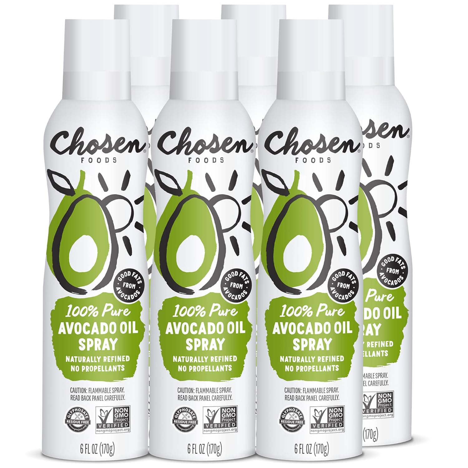 Chosen Foods 100% Pure Avocado Oil Spray 4.7 oz. (6 Pack), Non-GMO, 500° F Smoke Point, Propellant-Free, Air Pressure Only for High-Heat Cooking, Baking and...