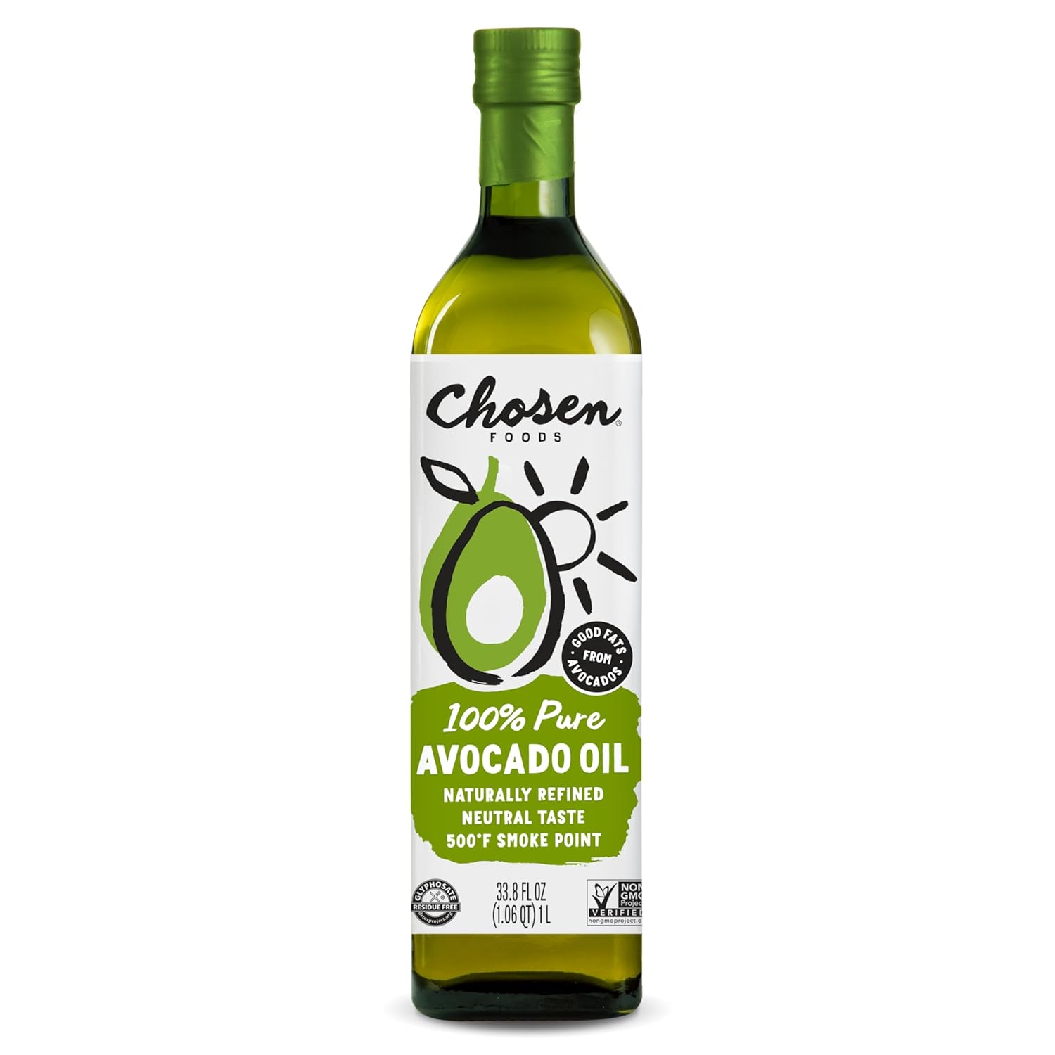 Chosen Foods Avocado Oil, 1 Liter - All Purpose Cooking Oil made from 100% Pure Avocados - Non-GMO, Gluten-Free, Keto Friendly, Glyphosate Free - 33.8 Fl Oz (Pack Of 1)