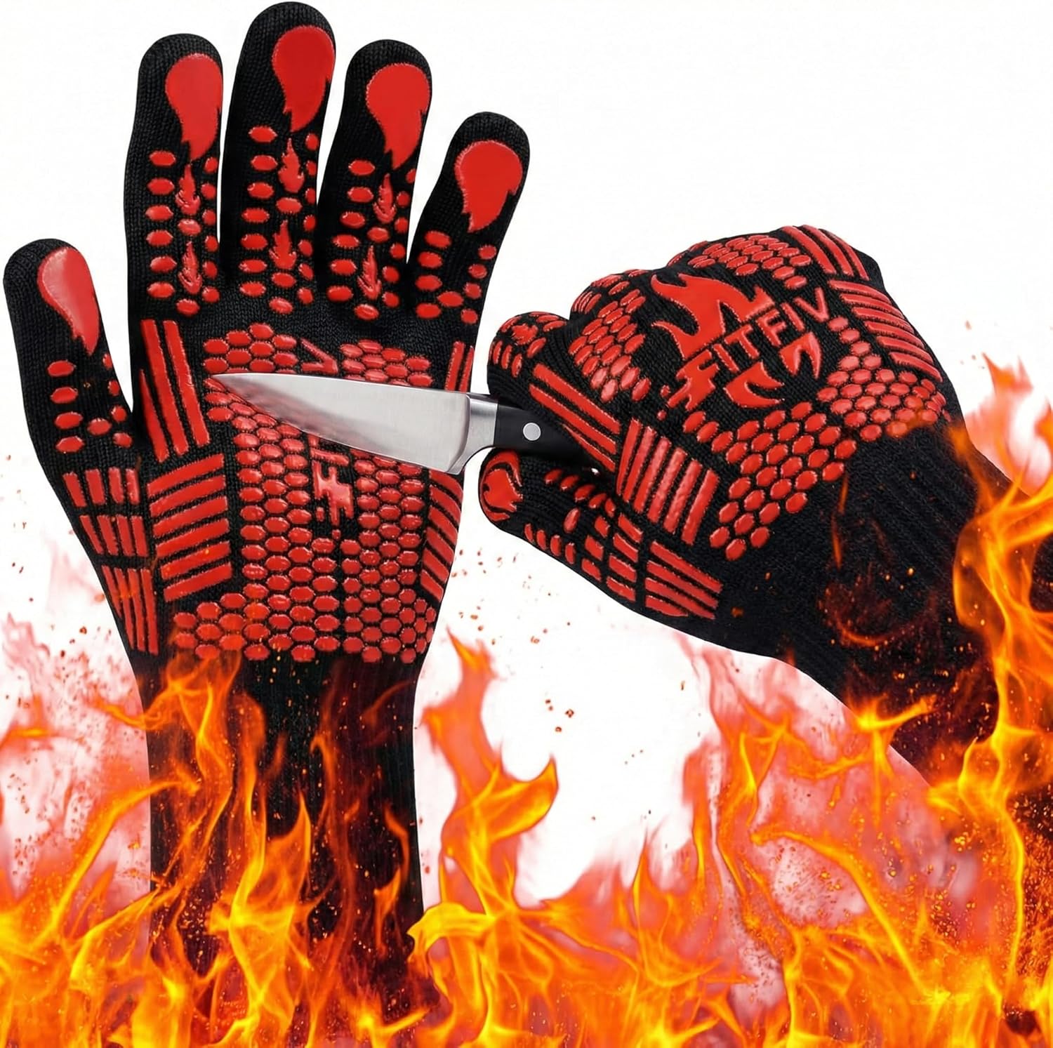 FITFIV BBQ Gloves, Oven Gloves, 1472°F Extreme Heat Resistant Barbecue Gloves, Silicone Non-Slip Oven Mitts, Kitchen for Cooking, Grilling, and Baking (Red)