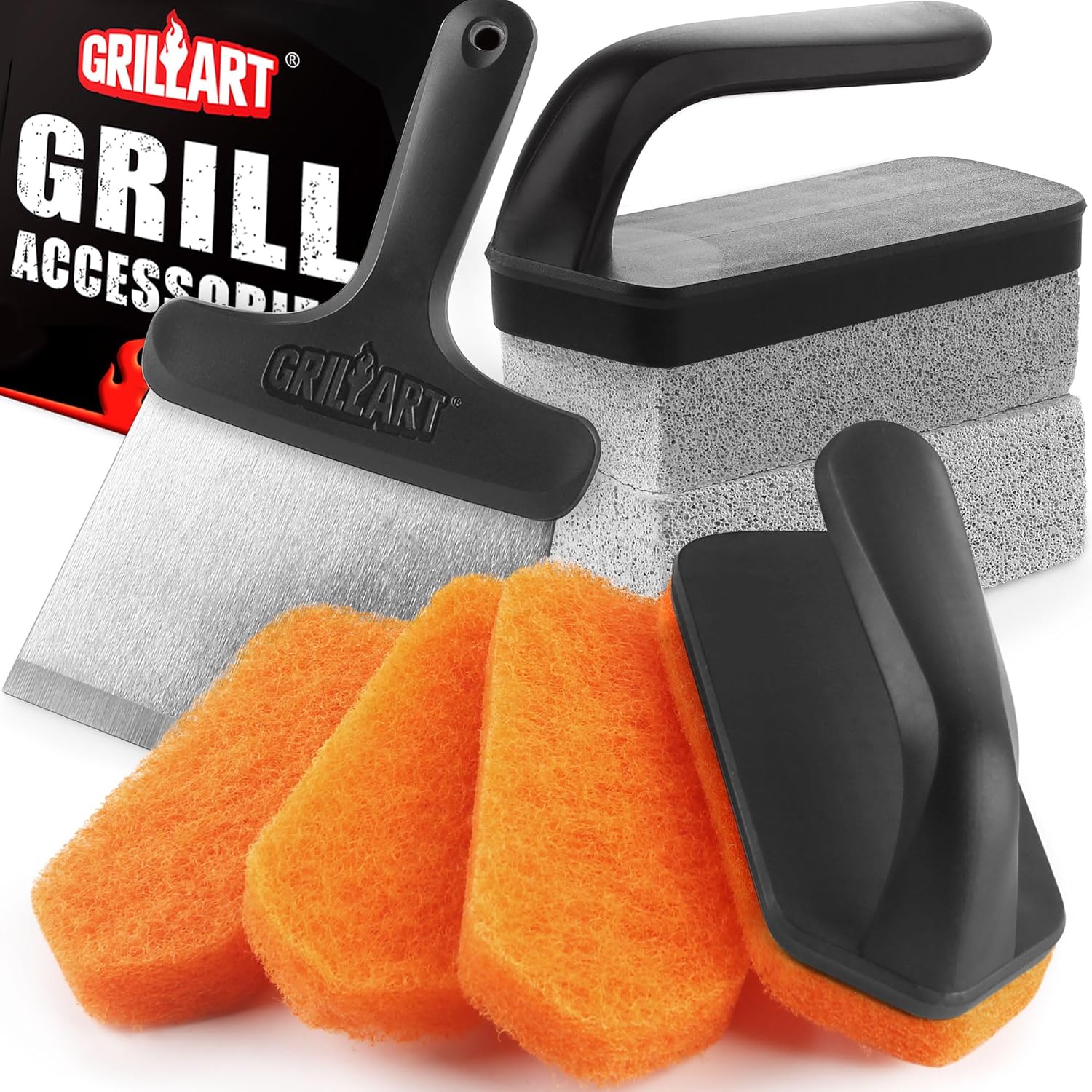 GRILLART Griddle Cleaning Kit for Blackstone Flat Top Grill Cleaning Kit with Grill Stone Griddle Scraper Scouring Pad and Handles Multifunctional Griddle Accessories for Rusty Grills Or