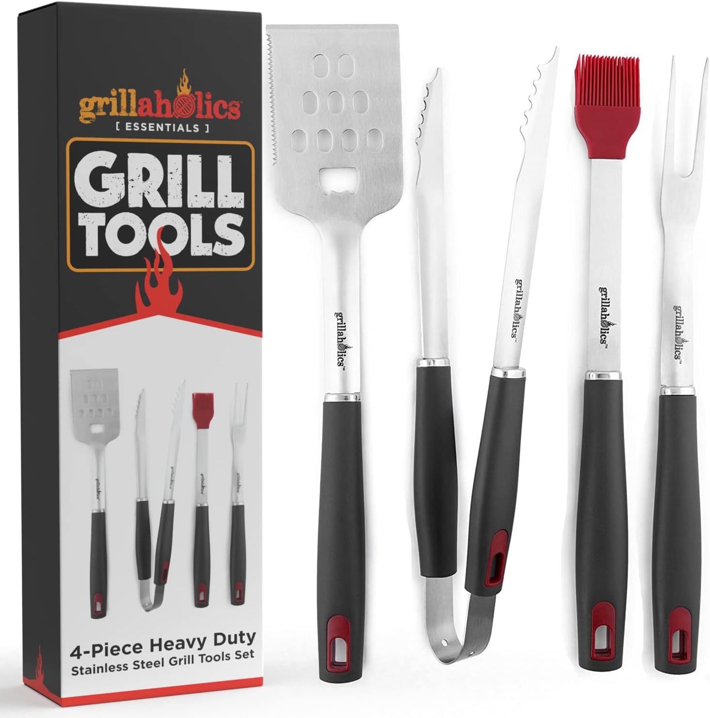 Grillaholics BBQ Grill Tools Set - 4-Piece Heavy Duty Stainless Steel Barbecue Grilling Utensils - Premium Grill Accessories for Barbecue - Spatula, Tongs, Fork, and Basting Brush (Grey)