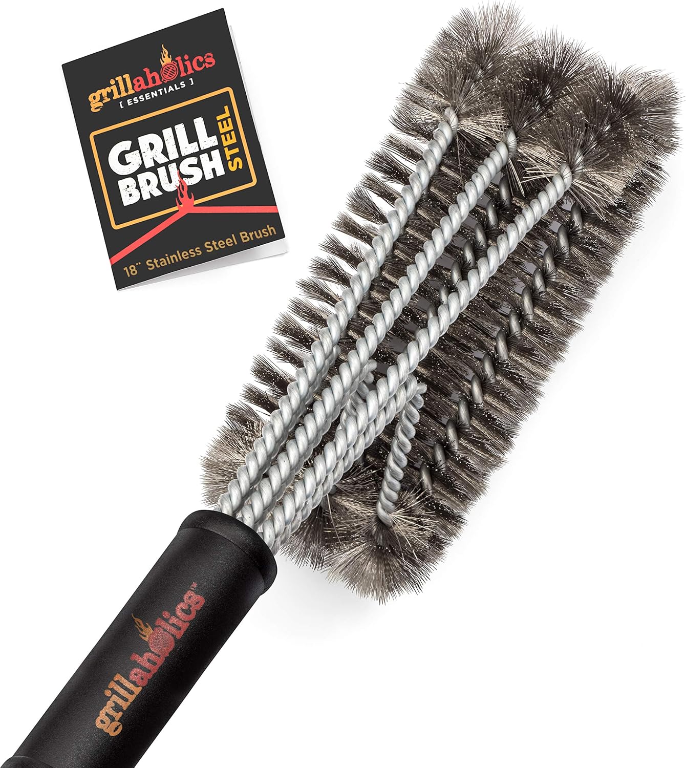 Grillaholics Essentials Grill Brush Steel Triple Machine Tested for Safety Stainless Steel Wire Grill Brush for Deep Grill Cleaning Lifetime Manufacturers Warranty