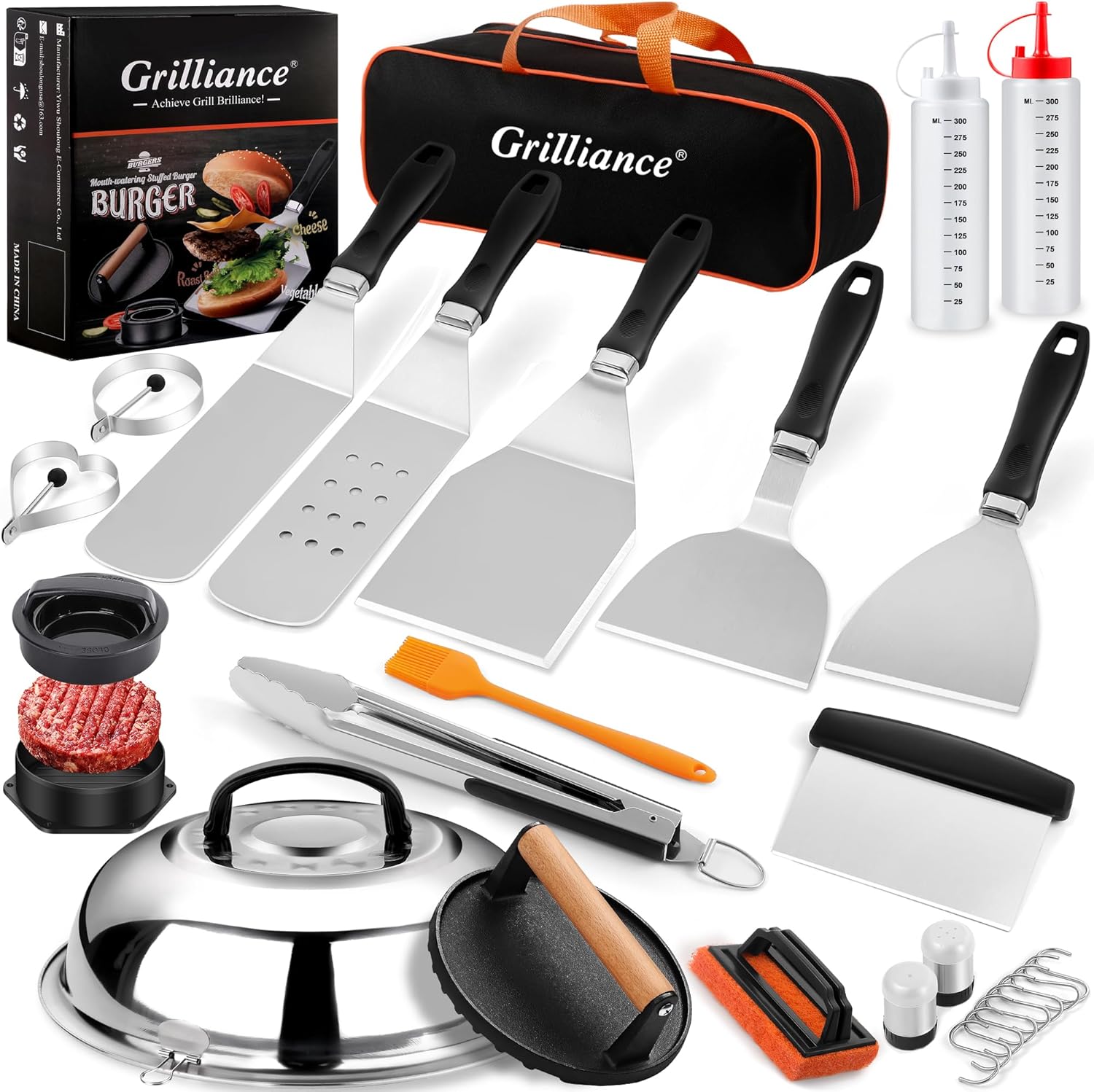 Grilliance 27pcs Griddle Accessories Kit for Blackstone Professional Hibachi Flat Top Grill Tools Enlarged Spatula Gift Set with Basting Cover，