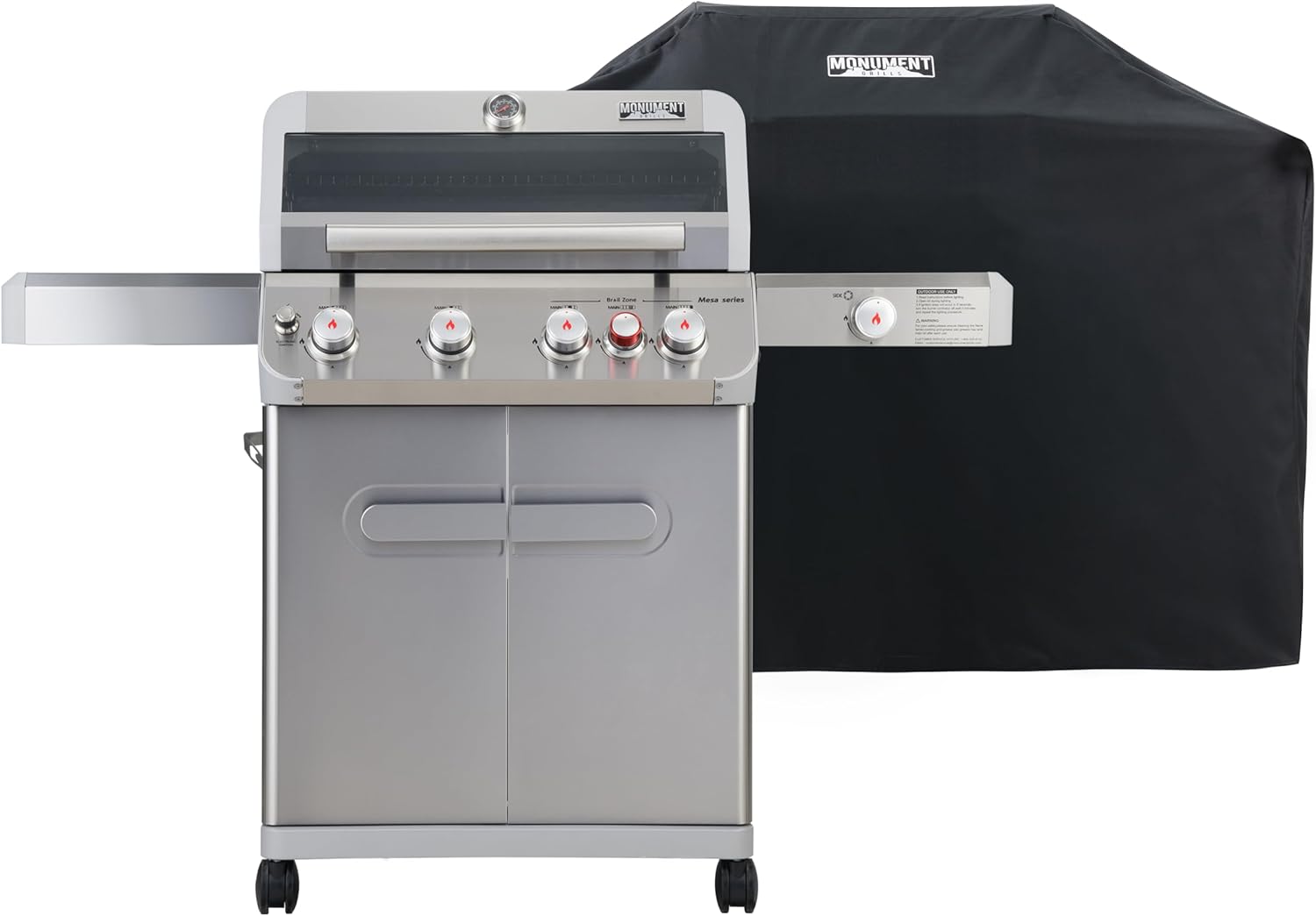 Monument Grills Outdoor Barbecue Stainless Steel 4 Burner Propane Gas Grill, 62,000 BTU Patio Garden Barbecue Grill with Side Burner, Infrared Technology and Knob Controls, Mesa415BZ with BBQ Cover