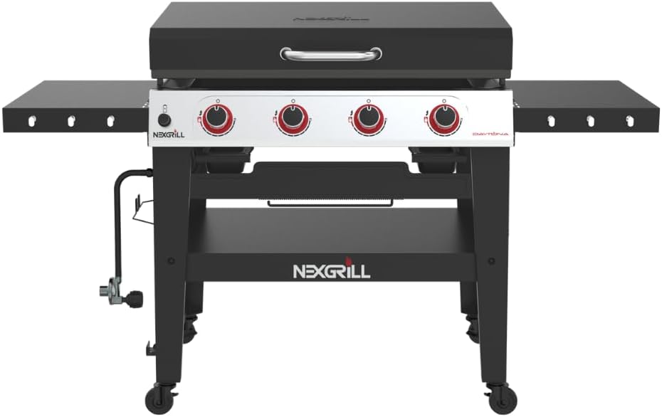 Nexgrill Daytona 4-Burner Propane Gas Griddle with Side Tables, 60000 BTU Flat Top Grill, 756 SQ In. Hot-Rolled Steel Cooking Space, Outdoor Cooking Barbeque, Black/Silver - 720-1058A