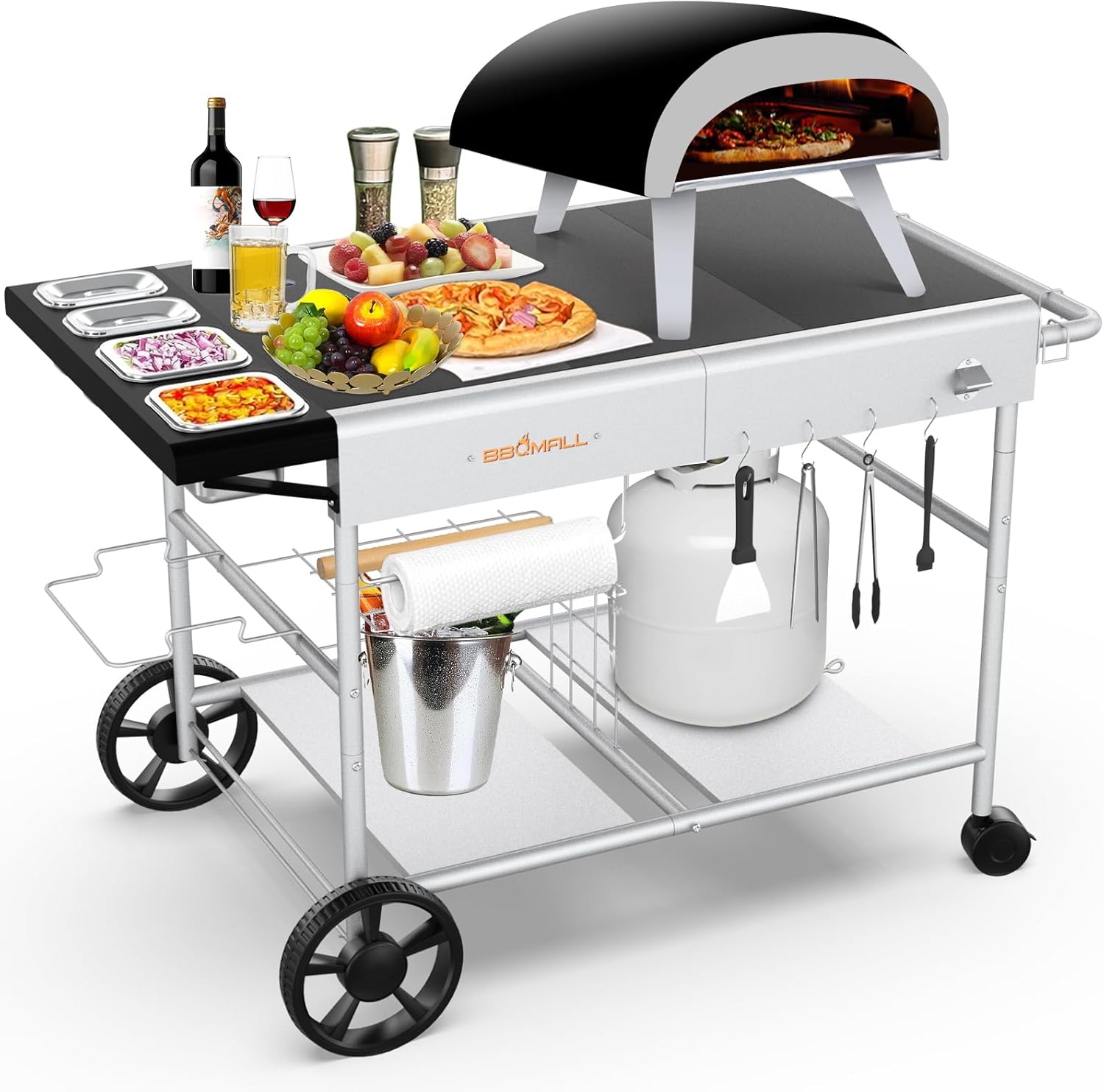 Pizza Oven Table Grill Cart with Pizza Topping Station Movable Food and Prep Workcart Outdoor Grill Table Stand for Ninja Woodfire Blackstone Griddle Cuisinart etc Grill, Barbecue tool set