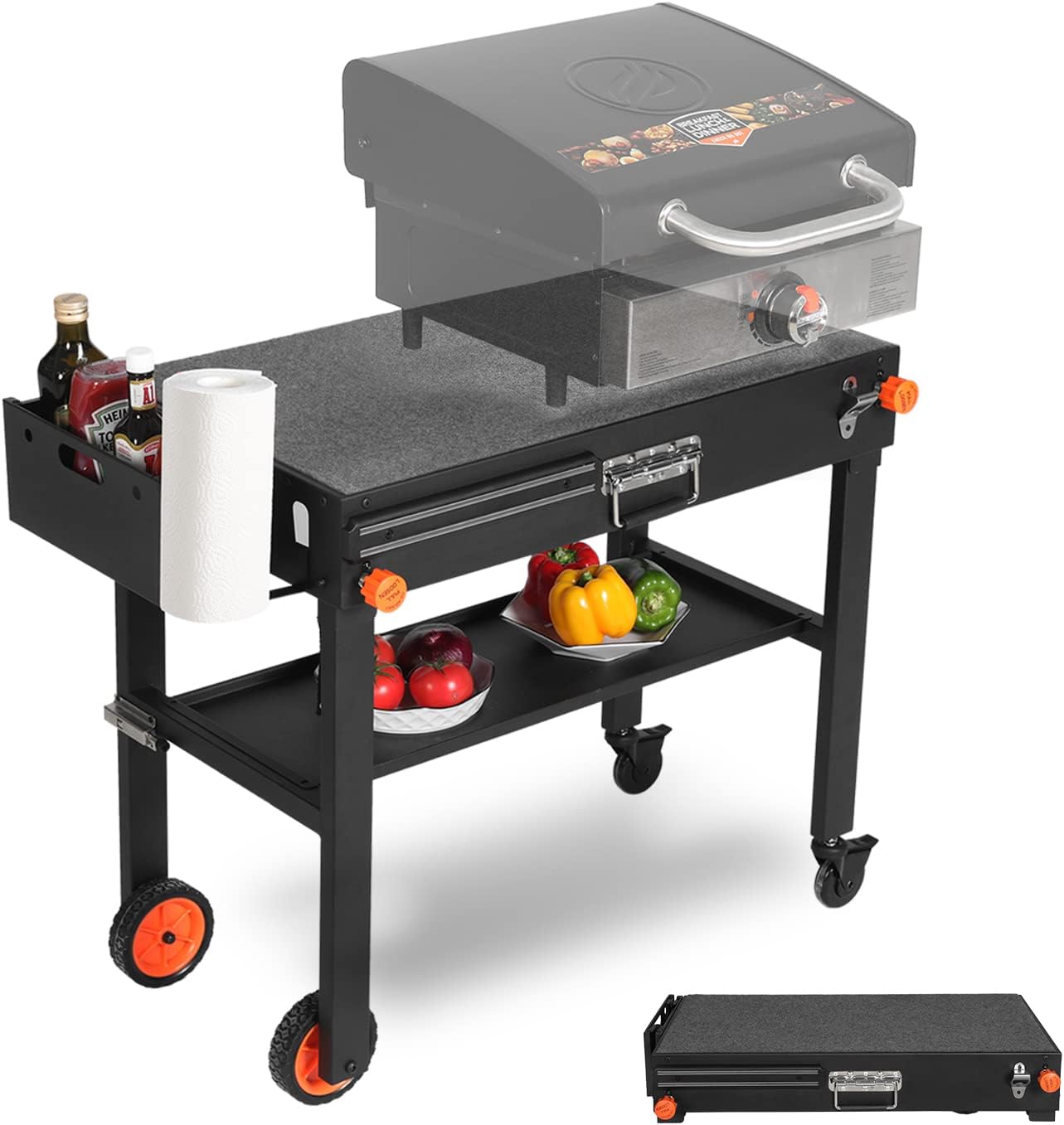 Portable Outdoor Grill Table Folding Grill Cart Solid and Sturdy Blackstone Griddle Stand Large Space Blackstone Table with Paper Towel Holder Grill Stand for Blackstones Griddle Ninja Grills etc