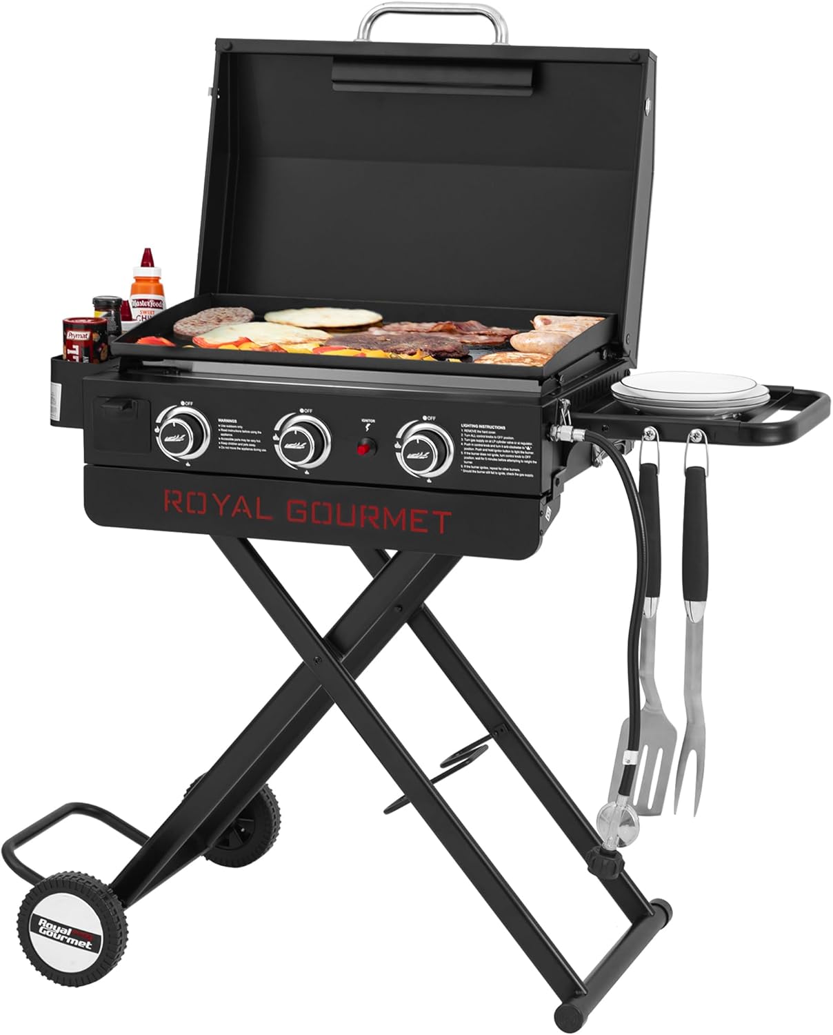 Royal Gourmet PD3001 3-Burner Propane Gas Griddle with Collapsible Stand, 23-Inch Portable Griddle with Side Table & 314 Sq. In. Cooking Area for Camping, Tailgating, Backyard & Patio, Black