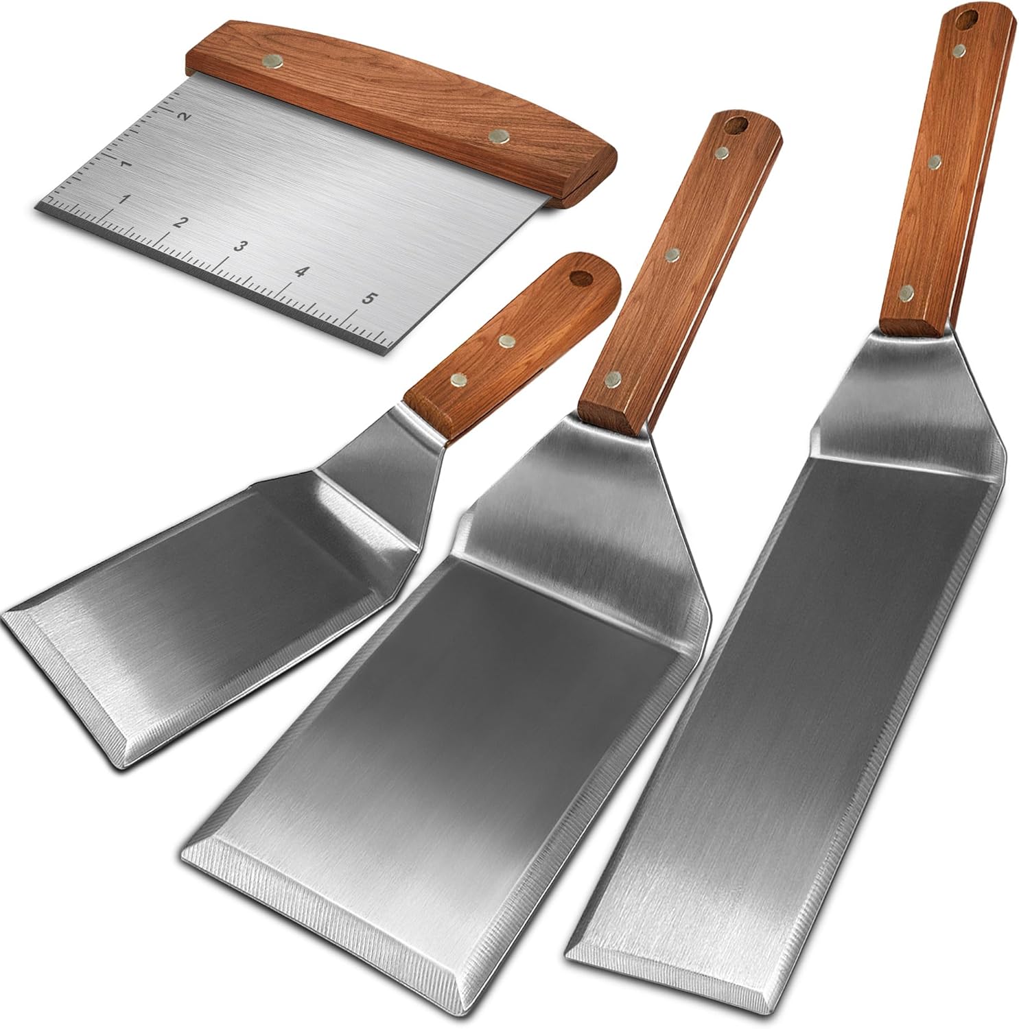 Set of 4 Stainless Steel Grill Spatula, Metal Spatula with Full Tang Wooden Handle & Beveled Edges for Cast Iron Skillets and Griddles, Griddle...