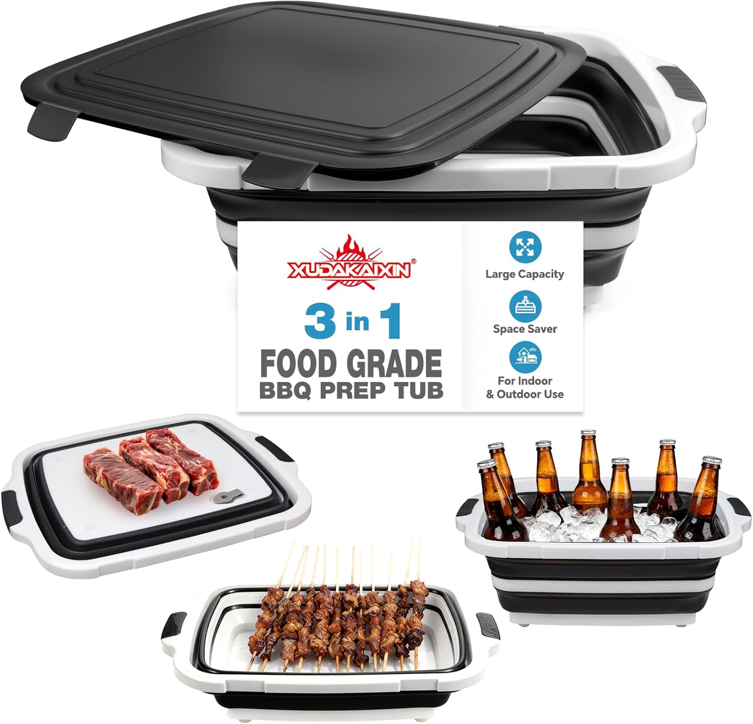 XUDAKAIXIN Collapsible BBQ Prep Tub for Meal Prep, Marinating,Food Storage, picnics, camping, barbecues,cutting fruits and vegetables - Includes Cutting Board and Locking Lid,(X-Large) Black