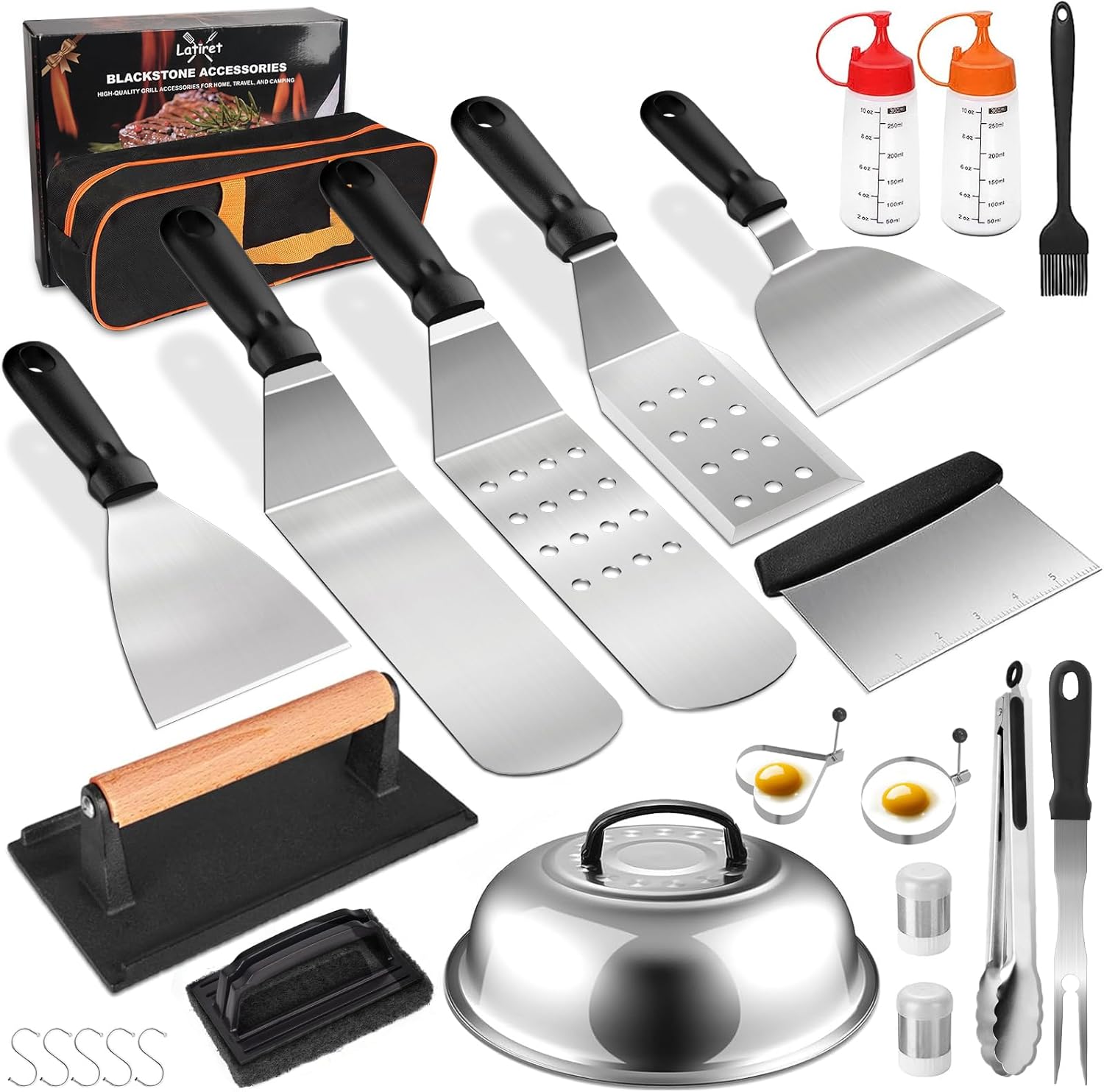 Latiret Griddle Accessories Kit, 24Pcs Grilling Accessories Set for Blackstone and Camp Chef, Flat Top Griddle Accessories Set with Scraper, Enlarged Spatulas, Basting Cover, White Elephant Gifts