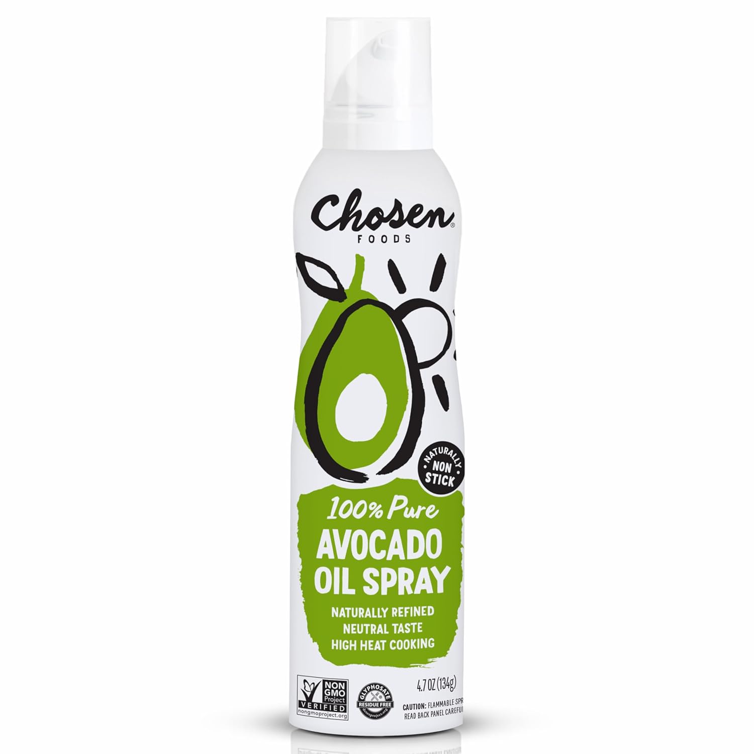 Chosen Foods 100 Pure Avocado Oil Spray 4.7 oz. 1 Pack Non GMO 500°F Smoke Point Propellant Free Air Pressure Only for High Heat Cooking Baking and Frying