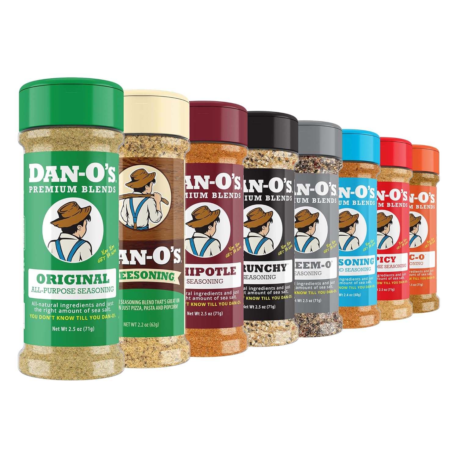 Dan Os Seasoning Variety Pack – 8 Bottle Set Extra Small Bottles – Original Spicy Chipotle Crunchy Cheesoning Preem O SEA soning Tac O – All Purpose Sugar Free Zero Calorie Spice