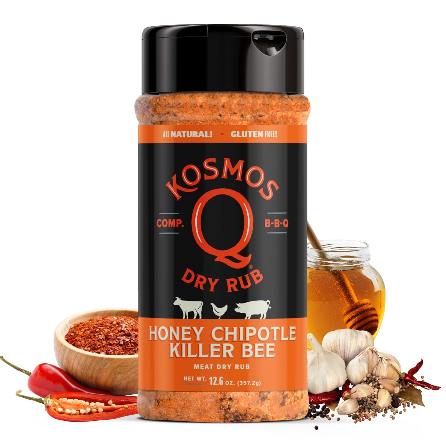 Kosmos Q Honey Chipotle Killer Bee BBQ Dry Rub, Sweet and Spicy Seasoning with Sugar, Chipotle, Garlic & Paprika for Ribs, Pulled Pork, Chicken, Dry Rub For Smoking & Grilling, 12.6 Oz Shaker Bottle